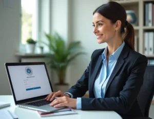 Enseignante connectée au portail Arena Orléans-Tours sur un ordinateur portable dans un bureau scolaire administratif