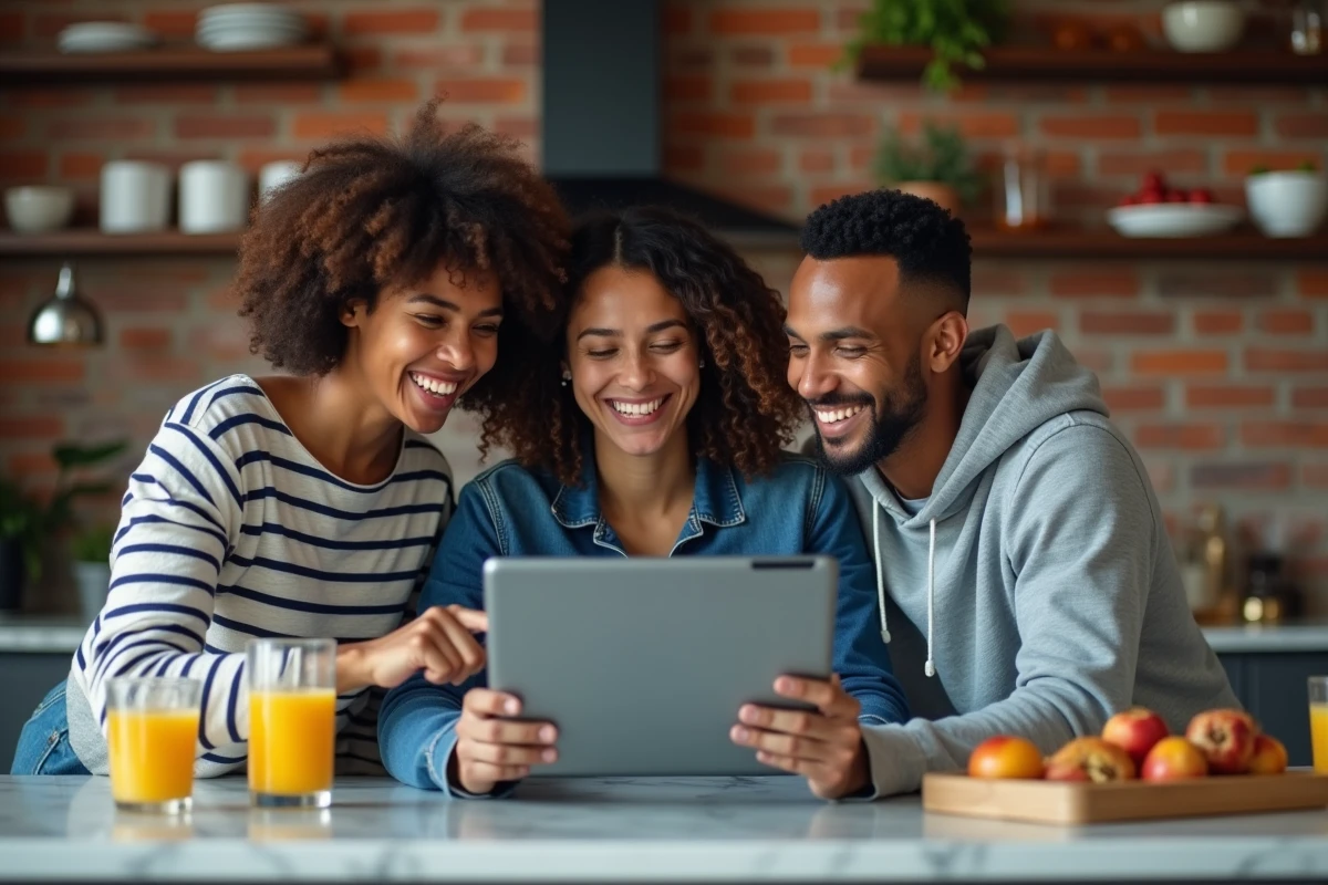 Groupe d'amis choisissant une série à regarder en streaming gratuit sur une tablette dans une cuisine moderne