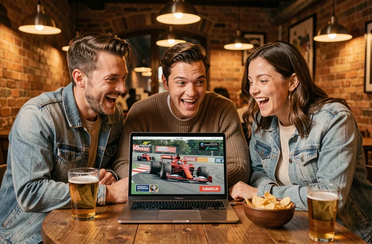 Un groupe d'amis regardent ensemble un Grand Prix de F1 en direct sur un ordinateur portable dans un pub