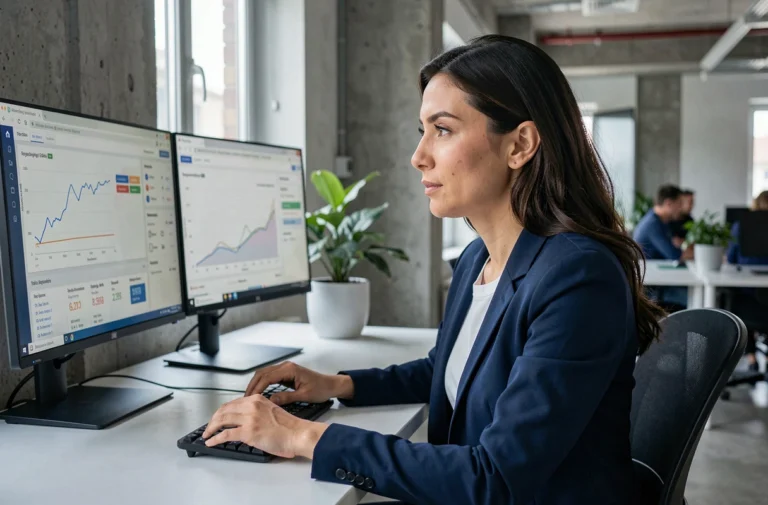Professionnelle analyste SEO examinant des tableaux de bord de référencement naturel sur écrans doubles dans un bureau moderne en 2024
