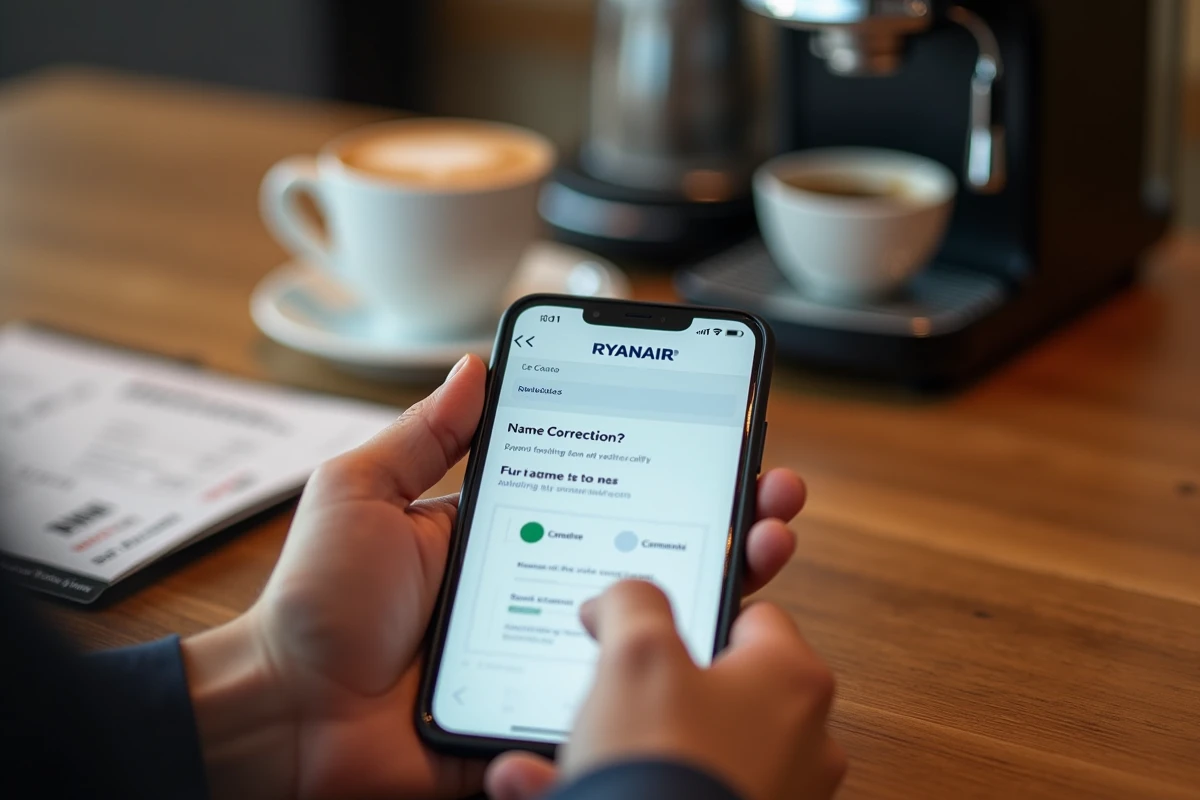 Smartphone affichant le formulaire de changement de nom sur l'application Ryanair posé sur une table de café avec une carte d'embarquement