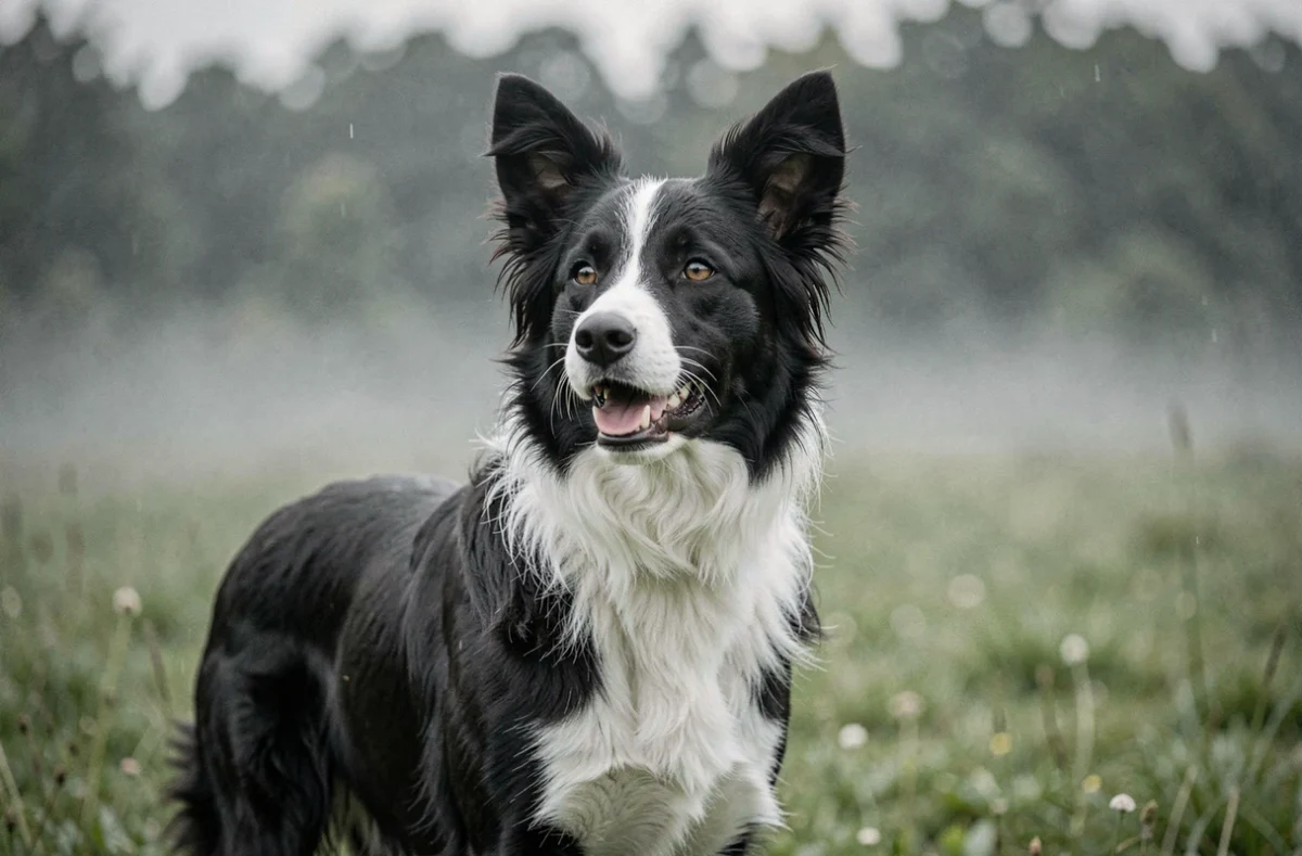 Border collie noir et blanc en plein air dans une prairie verte aux oreilles dressées, symbolisant l'écoute et la communication animale