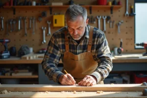 Homme bricoleur mesurant une planche en bois dans un atelier de bricolage moderne en 2024