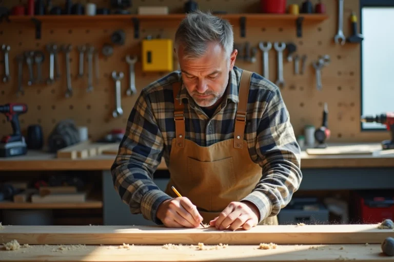 Homme bricoleur mesurant une planche en bois dans un atelier de bricolage moderne en 2024