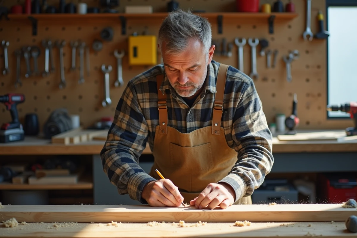Homme bricoleur mesurant une planche en bois dans un atelier de bricolage moderne en 2024
