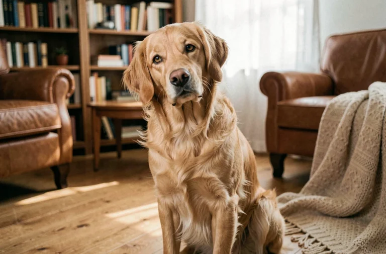 Golden retriever à l'air intrigué inclinant la tête sur le côté dans un salon chaleureux, illustrant la communication et le langage des chiens