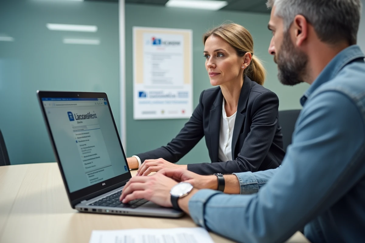 Deux professionnels de l'éducation nationale collaborant sur la messagerie professionnelle académique dans une salle de réunion institutionnelle à Strasbourg