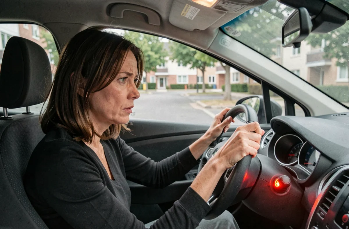 Conductrice regardant un voyant allumé sur le tableau de bord de sa Renault Clio 3