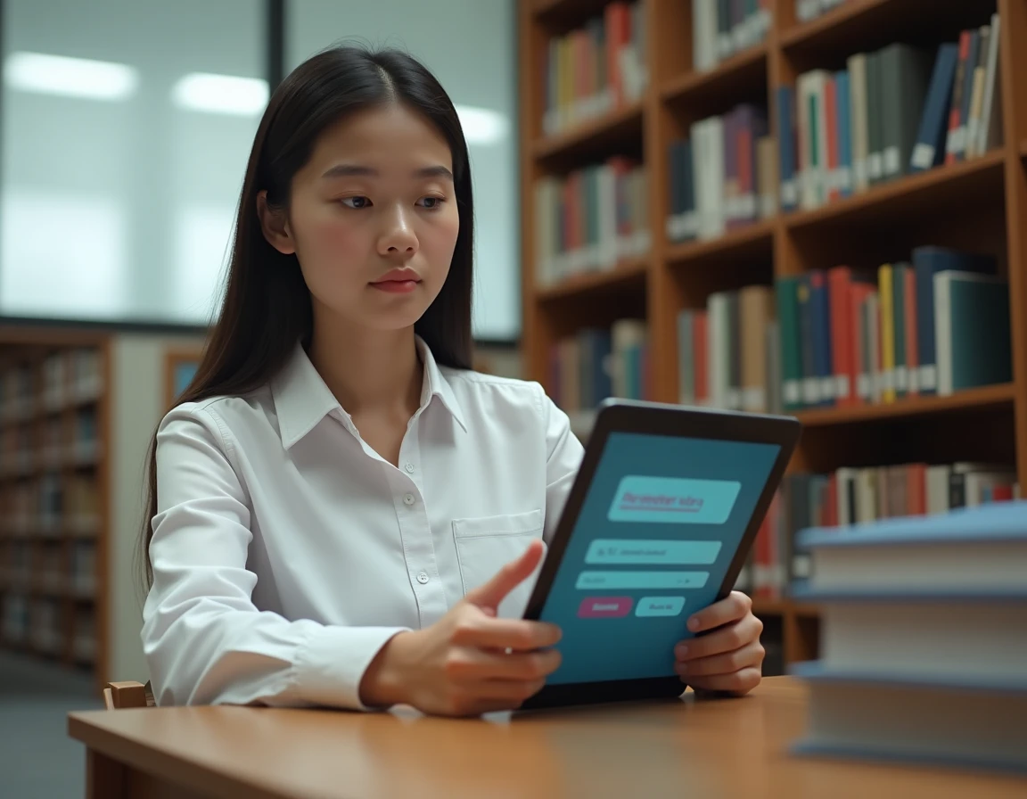 Femme utilisant une tablette pour se connecter à l'espace numérique académique PIA dans une bibliothèque universitaire