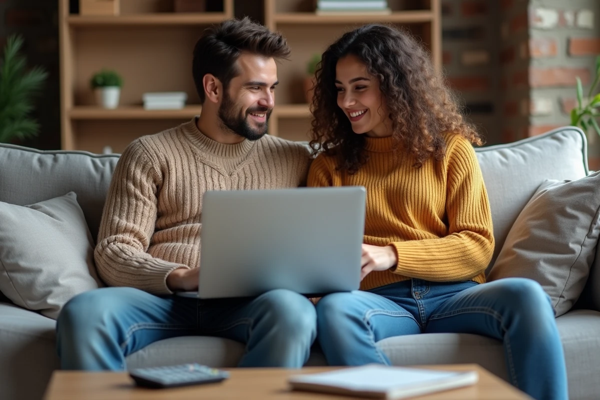 Couple examinant une annonce immobilière sur un ordinateur portable pour comprendre les charges locatives incluses dans le loyer