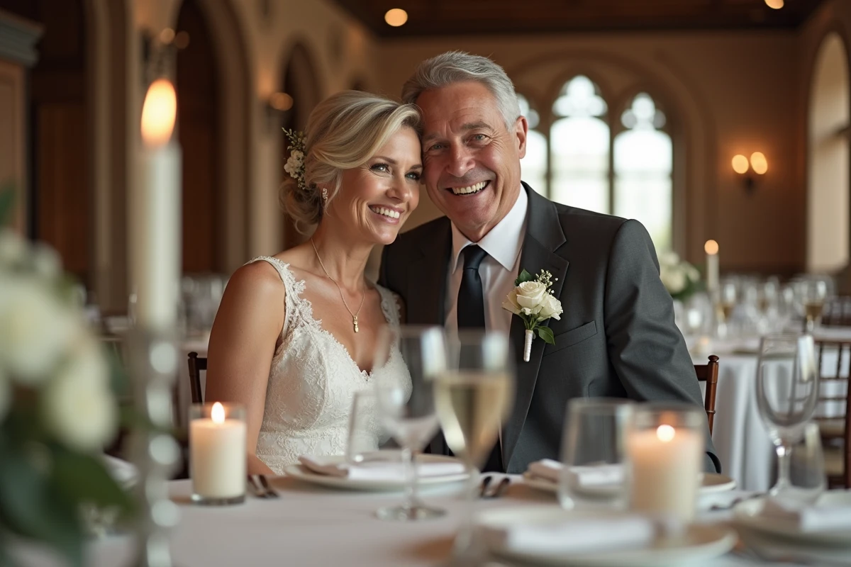 Couple élégant en tenue de mariage assis ensemble à une table de réception décorée de fleurs blanches