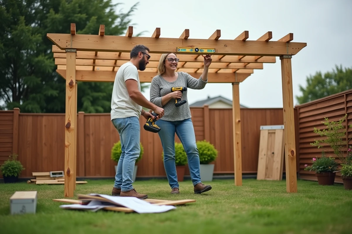 Couple assemblant une pergola en bois dans un jardin lors d'un projet de bricolage extérieur 2024