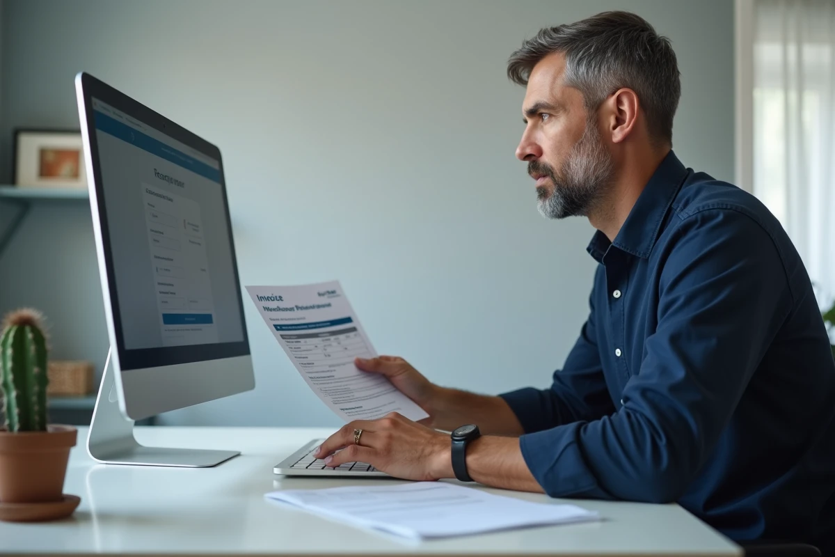 Homme consultant une facture médicale pour soumettre un remboursement mutuelle Pacifica depuis son bureau à domicile