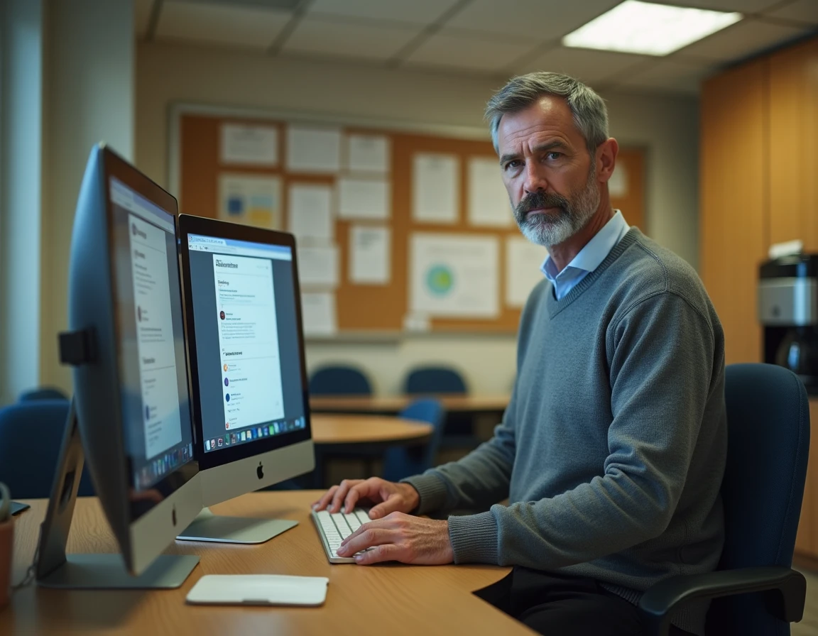 Enseignant comparant les interfaces du portail Arena et du PIA académique sur un ordinateur de bureau en salle des professeurs