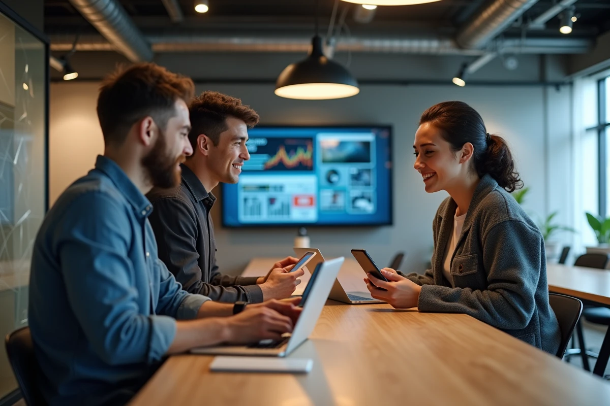 Équipe de professionnels partageant des ressources numériques sur plusieurs appareils dans un espace de coworking
