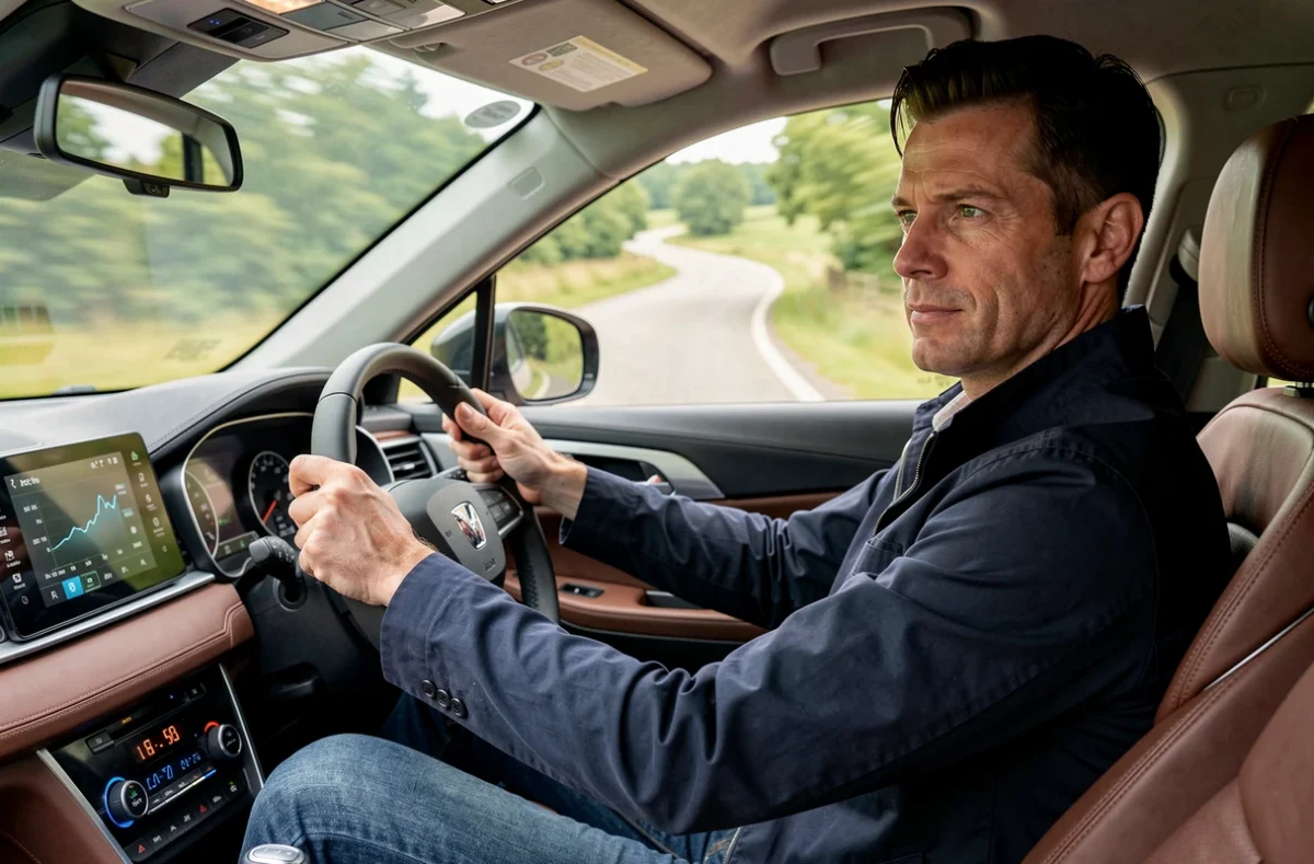 Journaliste automobile en train d'essayer un SUV moderne sur une route de campagne sinueuse, intérieur cuir et écran tactile visibles