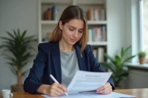 Femme analysant un contrat de bail locatif à son bureau pour comprendre la différence entre loyer brut et loyer net