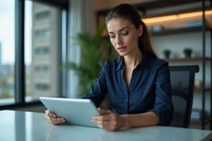 Femme confiante analysant des rapports financiers sur une tablette