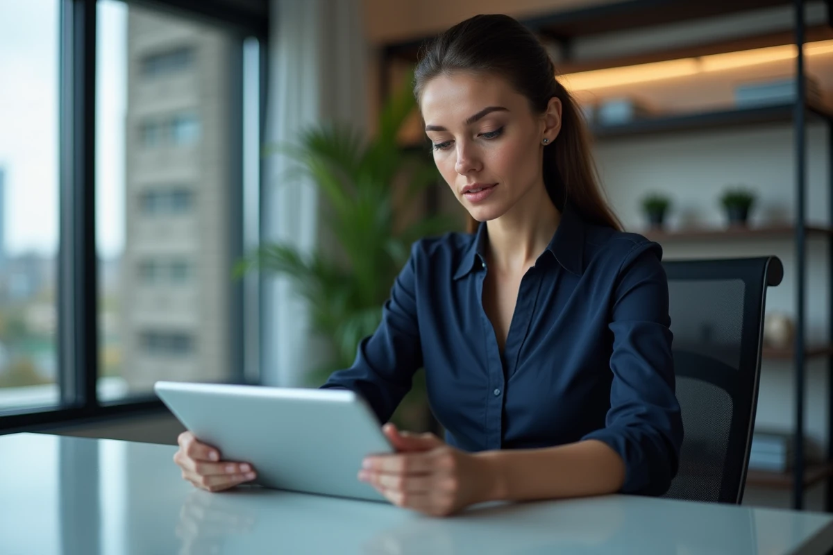 Femme confiante analysant des rapports financiers sur une tablette