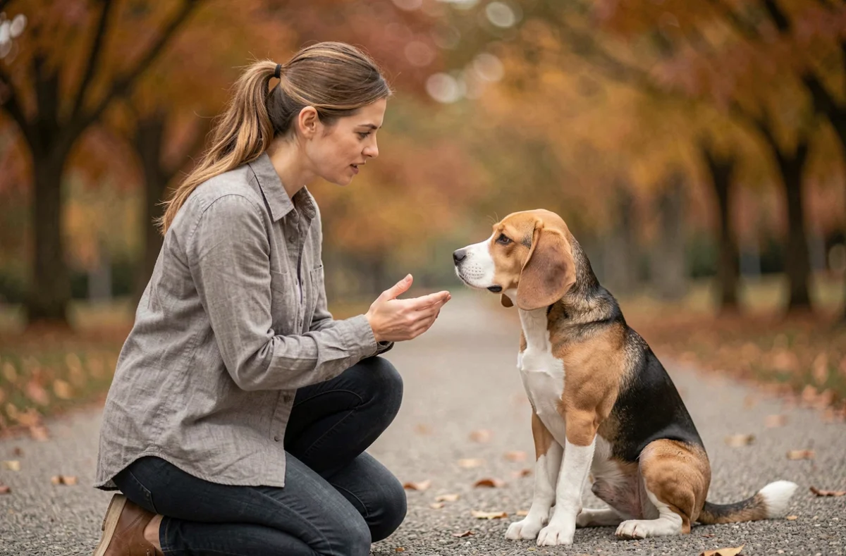 Femme et beagle se regardant dans un parc en automne, évoquant la communication et le langage non-verbal entre l'humain et le chien