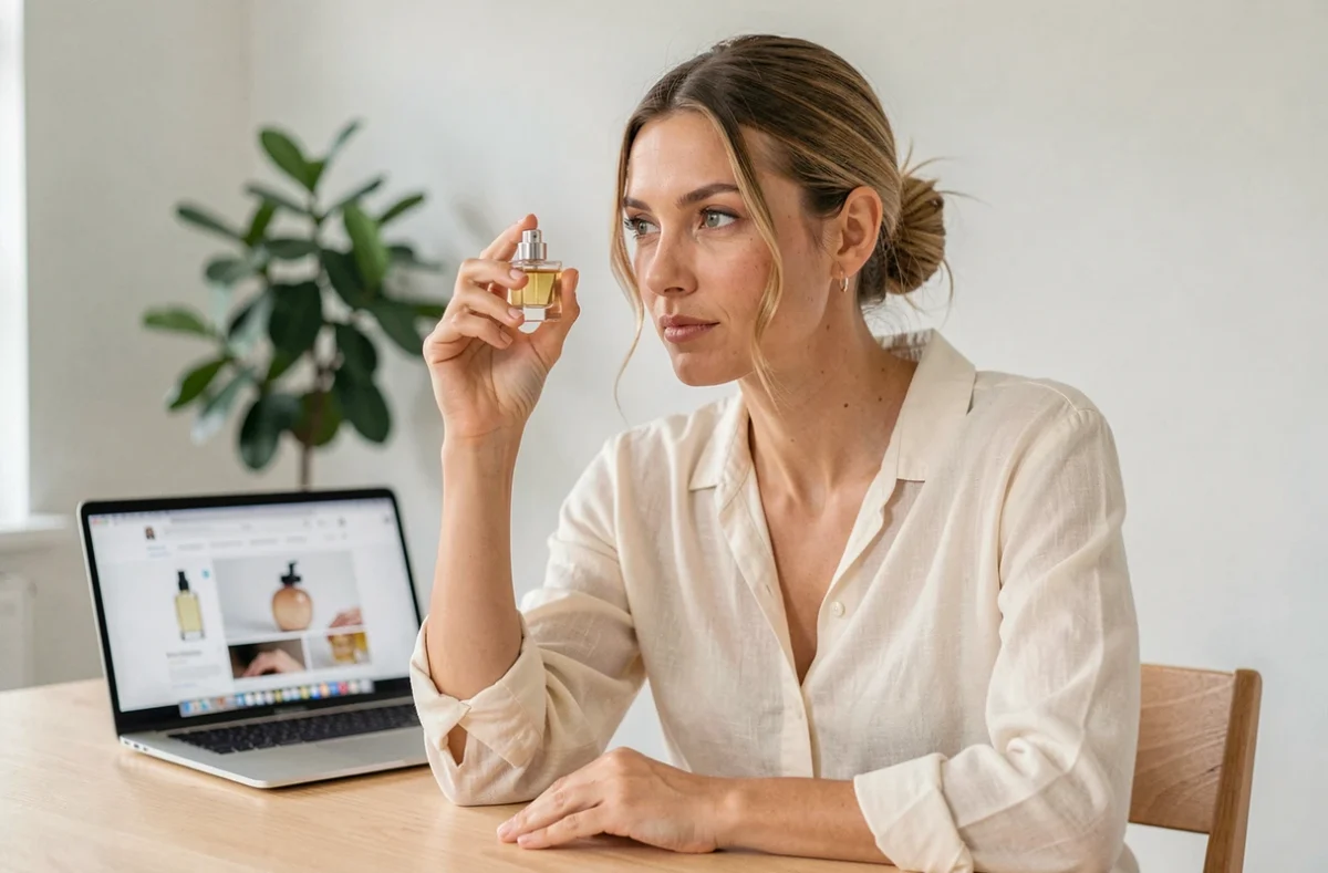 Femme tenant un flacon de parfum en verre devant un bureau en bois, consultant un site de vente de parfums en ligne sur son ordinateur portable