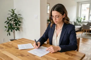 Femme examinant un contrat de location immobilière à une table en bois dans un appartement moderne
