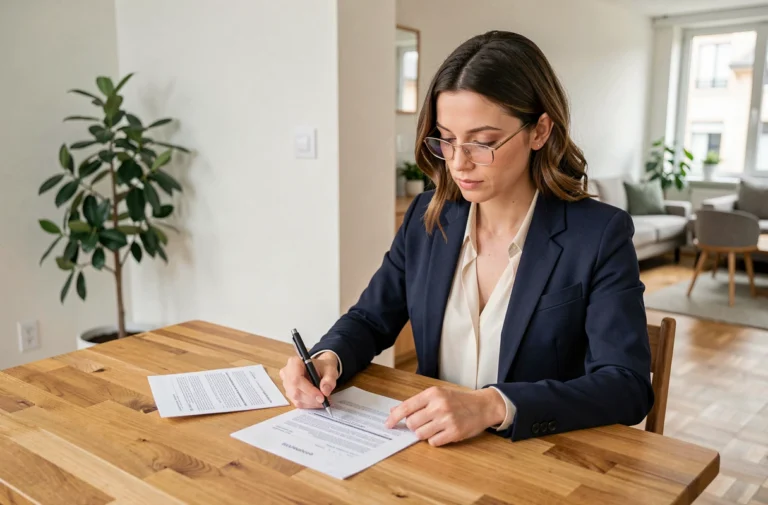 Femme examinant un contrat de location immobilière à une table en bois dans un appartement moderne