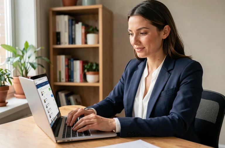 Femme en blazer navy consultant une plateforme d'offres d'emploi sur son ordinateur portable dans un bureau à domicile professionnel