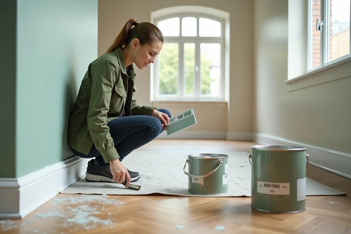 Femme appliquant du ruban de peinture sur un mur lors d'une rénovation intérieure appartement 2024