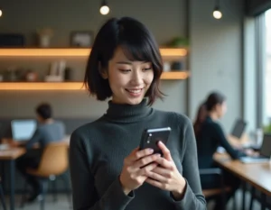 Femme explorant un smartphone pliable dernier cri dans un espace de travail technologique moderne