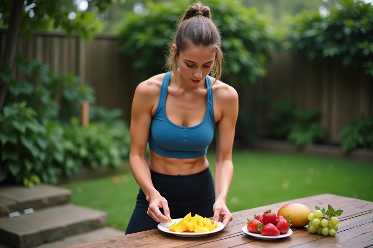 Femme sportive préparant un plateau de fruits dans le jardin