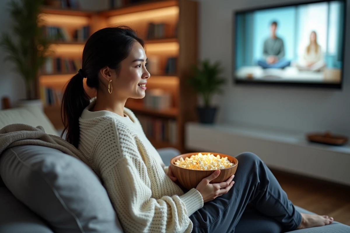 Jeune femme regardant un film en streaming sur sa télévision depuis son canapé avec du popcorn
