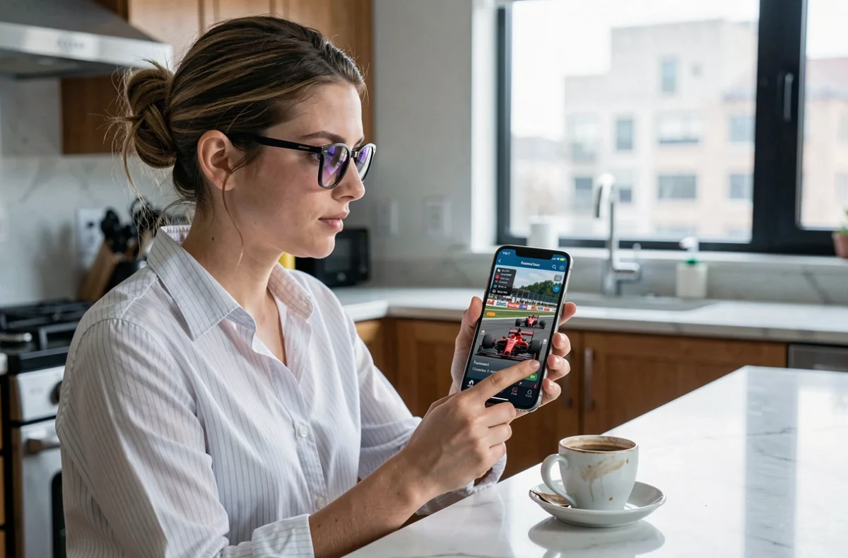 Une femme suit un Grand Prix F1 en streaming sur son smartphone dans une cuisine moderne