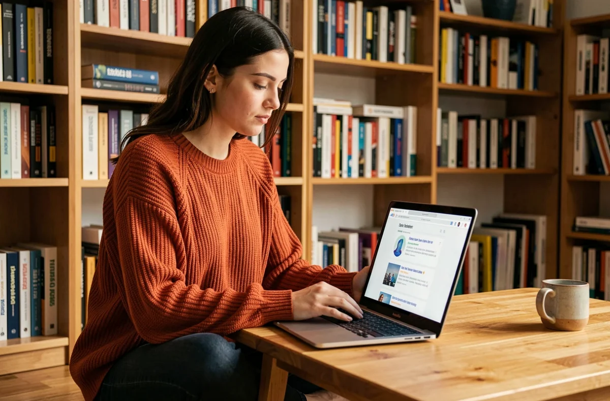 Jeune professionnelle freelance travaillant sur les nouvelles tendances SEO et les résultats de recherche enrichis depuis son bureau à domicile en 2024