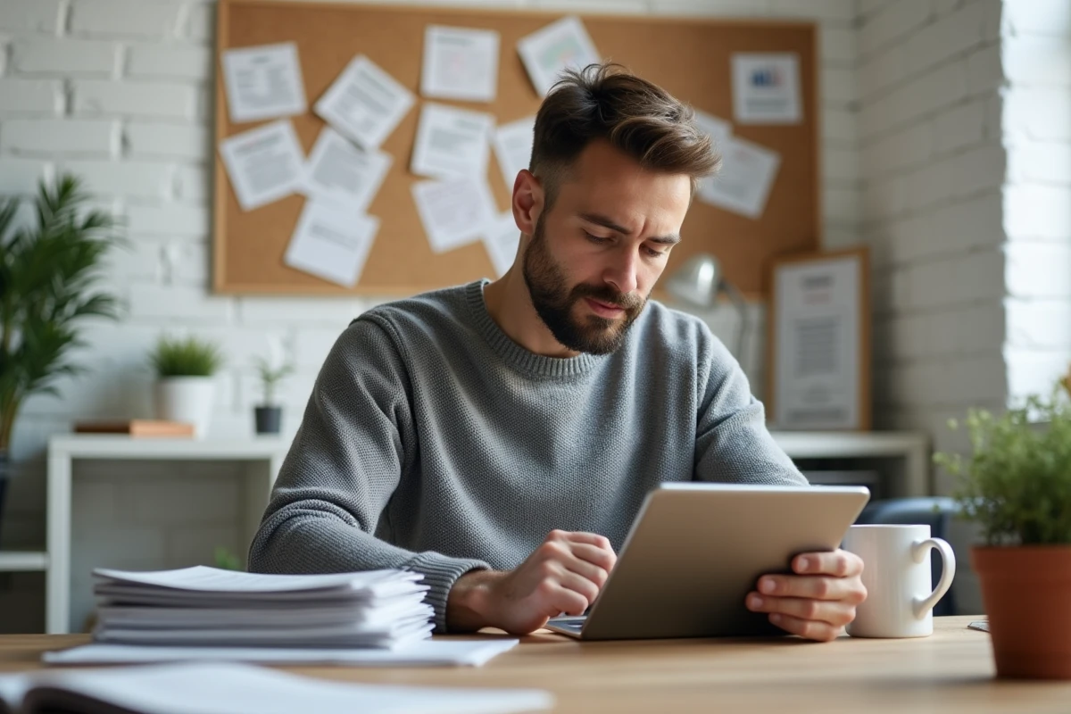 Homme professionnel lisant les actualités tech sur tablette avec café dans un espace de travail à domicile