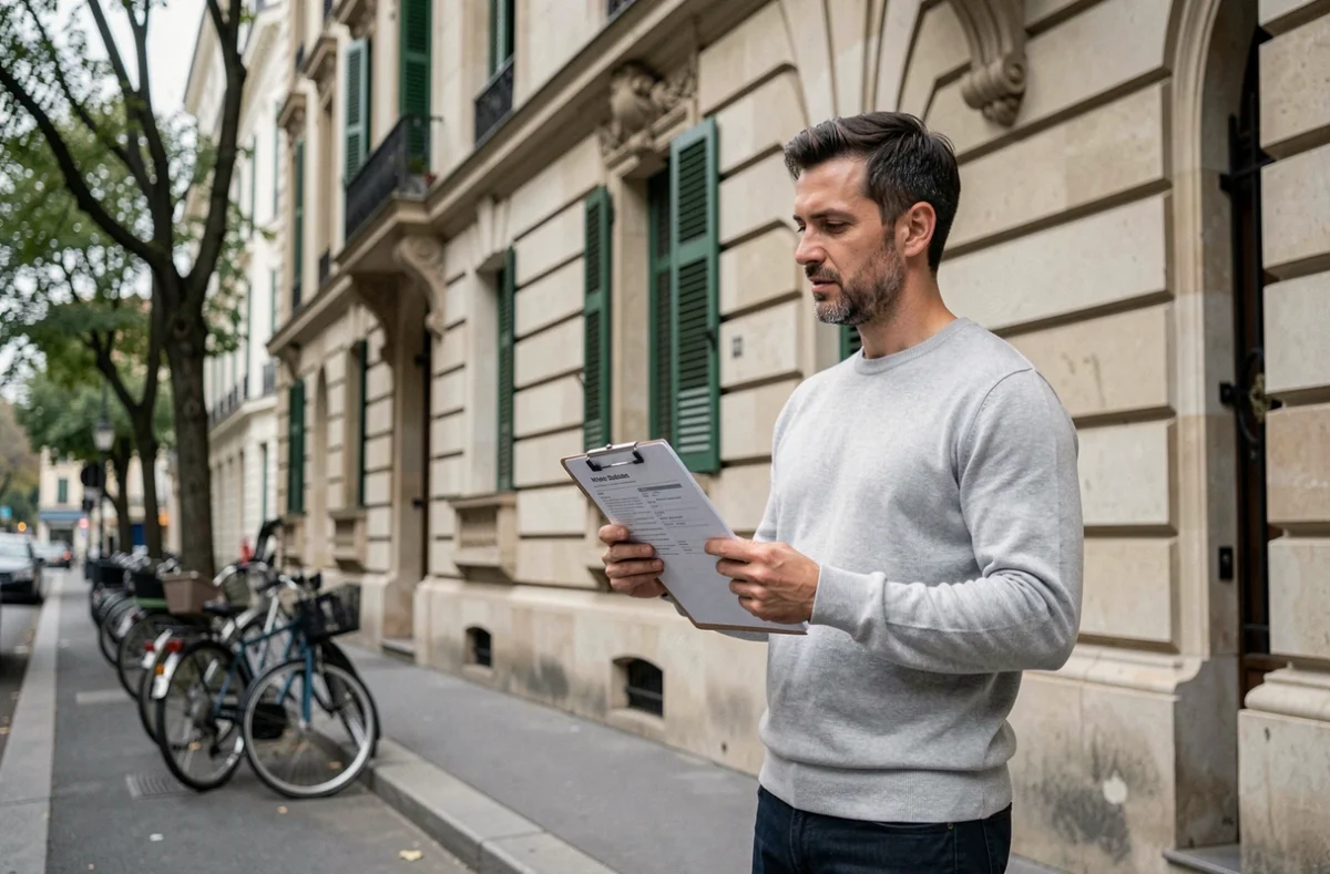 Homme consultant une annonce de location immobilière devant un immeuble haussmannien à Paris