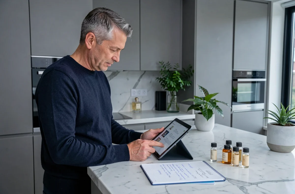 Homme comparant des échantillons de parfum sur un comptoir en marbre tout en consultant une tablette pour acheter un parfum en ligne