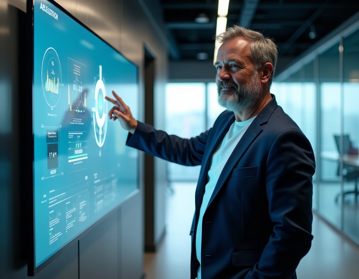 Homme interagissant avec un écran tactile intelligent affichant des visualisations de données et d'intelligence artificielle