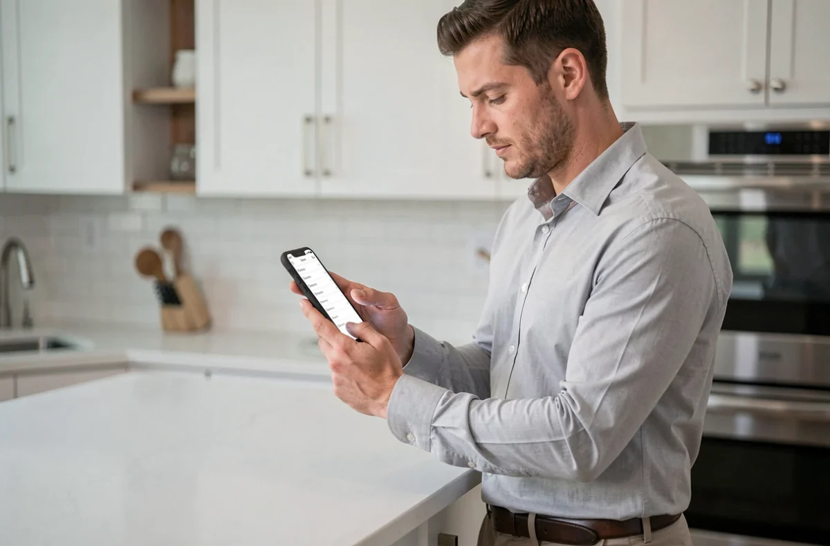 Homme consultant la structure de navigation du site FashionUp sur son smartphone dans une cuisine moderne