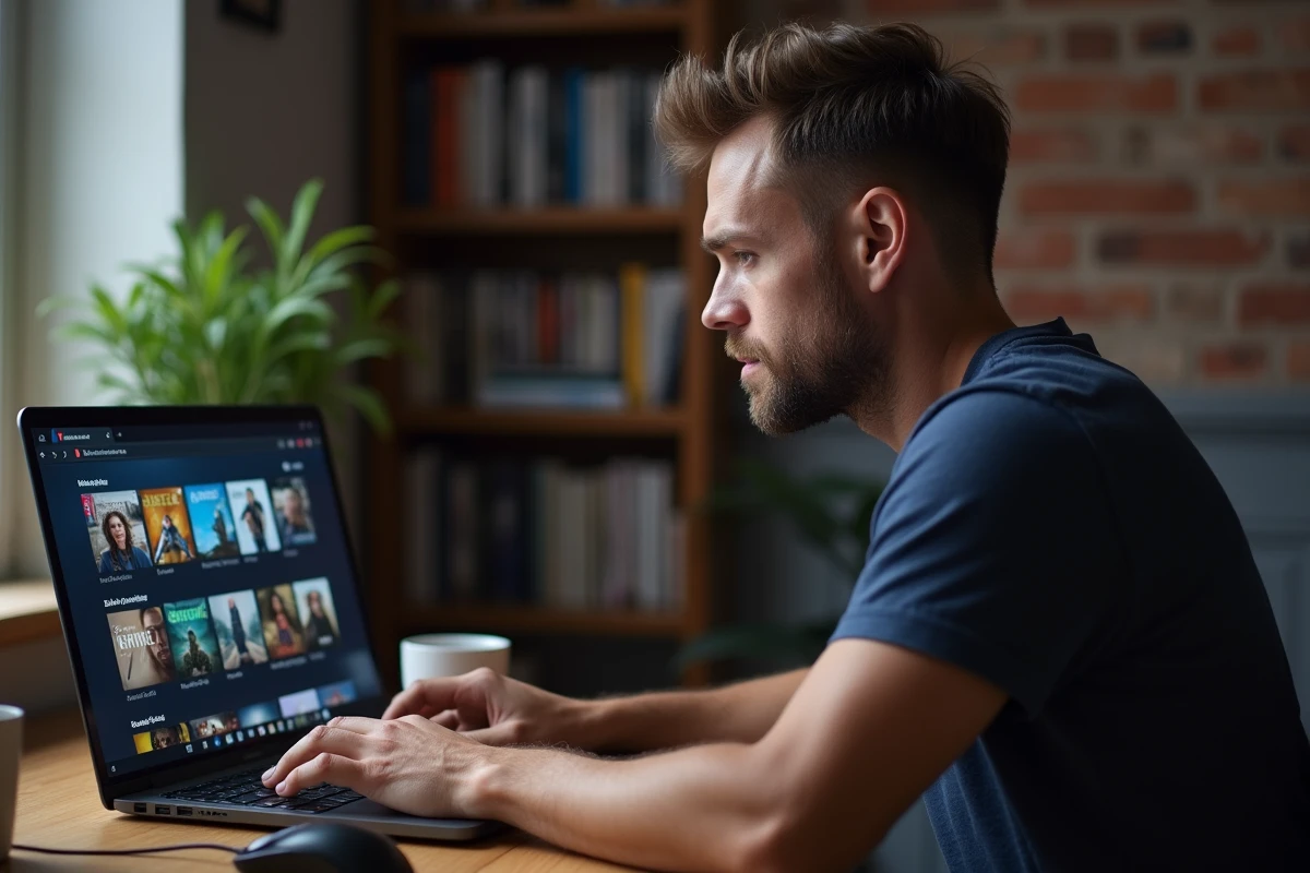 Homme naviguant sur un site de streaming gratuit depuis son ordinateur portable dans un bureau à domicile