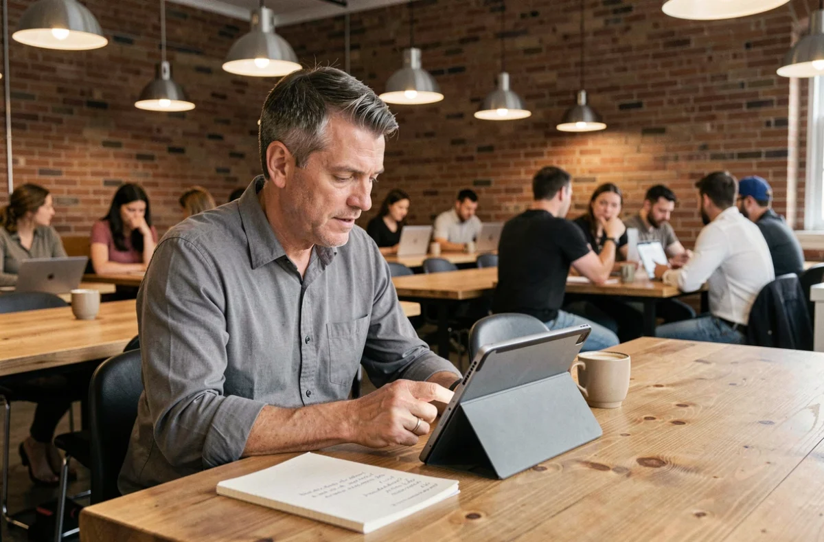 Homme en chemise grise comparant des offres d'emploi sur une tablette dans un espace de coworking animé
