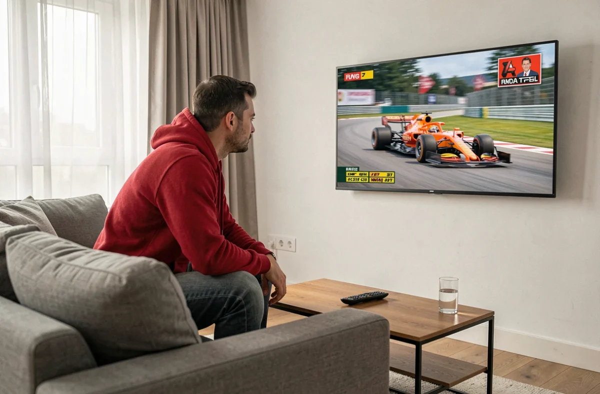 Un homme regarde un Grand Prix de Formule 1 en direct sur sa télévision dans son salon