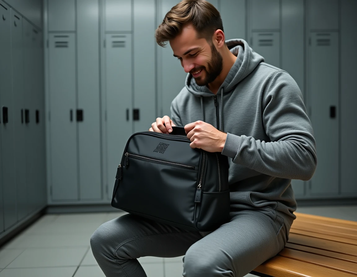 Homme découvrant le contenu de son sac Basic Fit dans les vestiaires d'une salle de sport