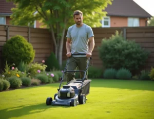 Homme utilisant une tondeuse électrique Teccpo TDLM01G dans un jardin résidentiel bien entretenu