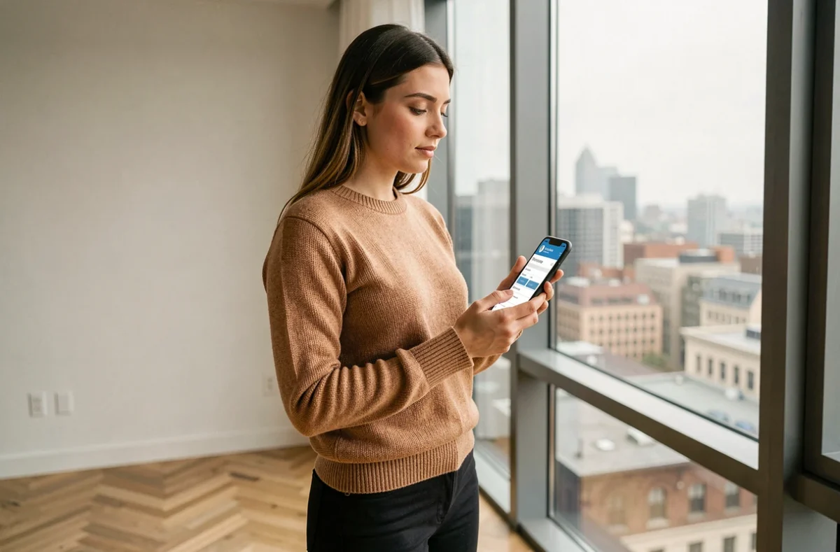 Jeune femme en pull camel consultant une application de recherche d'emploi sur smartphone devant une fenêtre avec vue urbaine