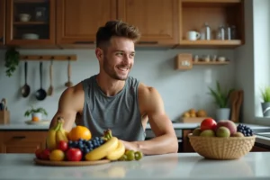 Jeune homme en cuisine choisissant des fruits frais