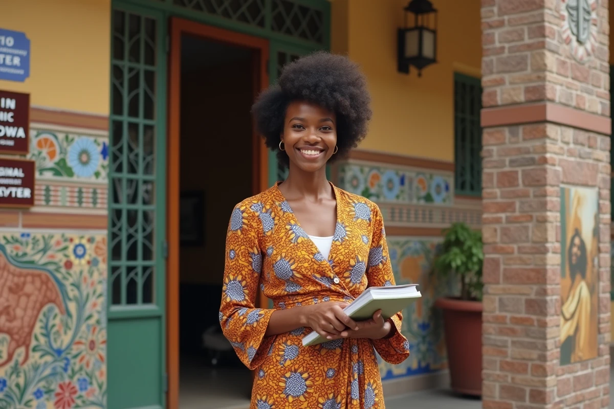 Journaliste d'origines africaine et européenne en reportage devant un centre culturel communautaire aux mosaïques colorées