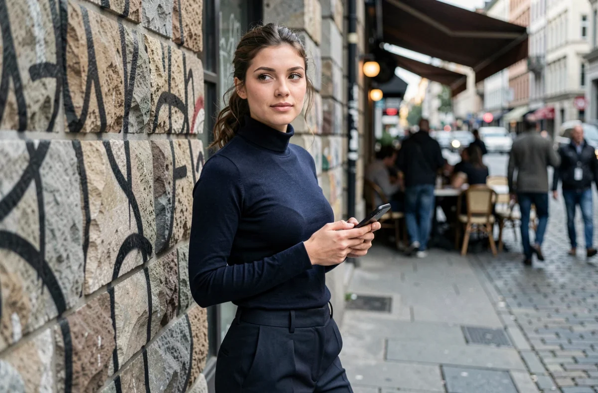 Jeune femme influenceuse debout dans une rue urbaine tenant un smartphone, illustrant le parcours de Julie Jardon sur le web