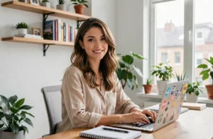 Julie Jardon, personnalité montante du web, souriante devant son bureau dans un home office moderne et végétal