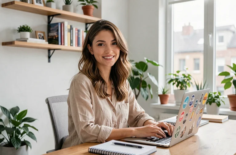 Julie Jardon, personnalité montante du web, souriante devant son bureau dans un home office moderne et végétal